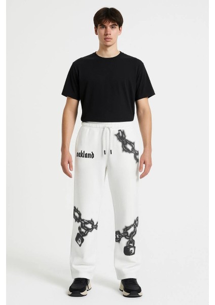 Erkek Üç Iplik Pamuklu Baskılı Cepli Jogger Buggy Pantalon Oversize Kalıp - Beyaz