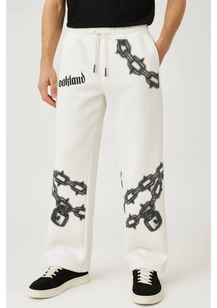 Erkek Üç Iplik Pamuklu Baskılı Cepli Jogger Buggy Pantalon Oversize Kalıp - Beyaz fiyatları