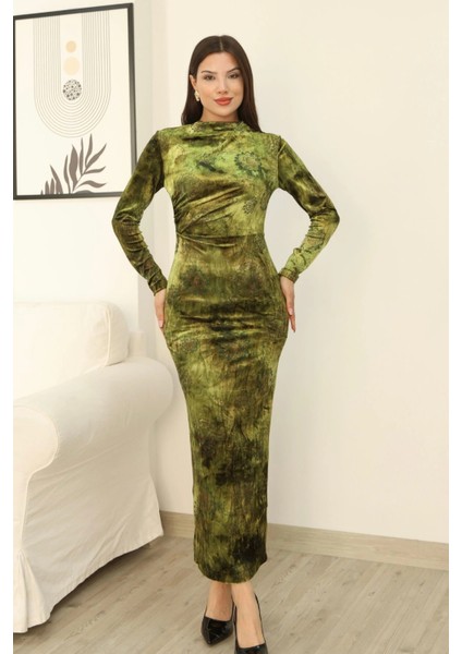 Desenli Büzgü Detaylı Premium Kadife Elbise 6063-YEŞIL modelleri