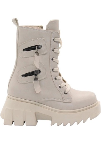 BF182 Bej Bağcıklı Fermuarlı Kadın Bot