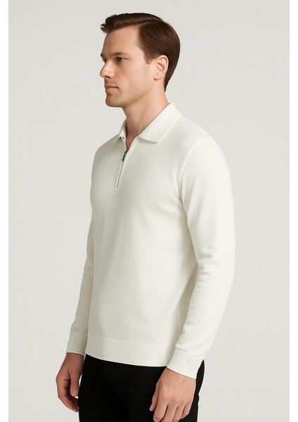 Merserize Kumaş Gömlek Yakalı Fermuarlı Tişört