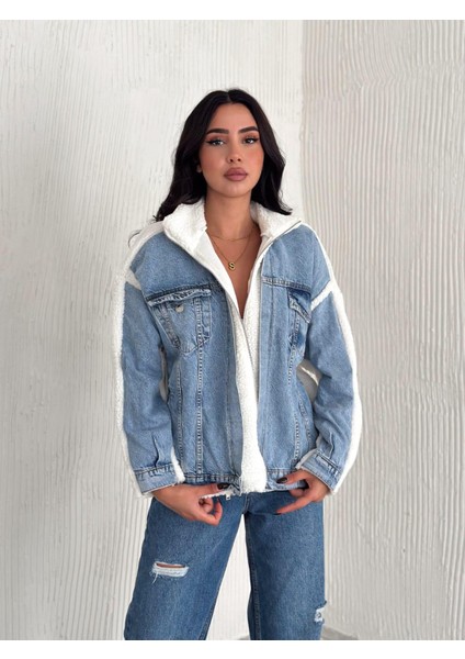 Kadın Mavi Kot Garnili Fermuarlı Beyaz Kuzu Peluş Mont