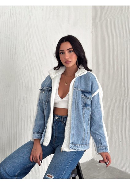 Kadın Mavi Kot Garnili Fermuarlı Beyaz Kuzu Peluş Mont fiyatları