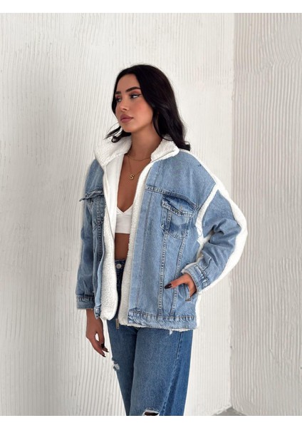 Kadın Mavi Kot Garnili Fermuarlı Beyaz Kuzu Peluş Mont modelleri