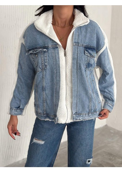 Kadın Mavi Kot Garnili Fermuarlı Beyaz Kuzu Peluş Mont fırsatları