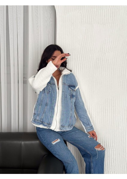 Kadın Mavi Kot Garnili Fermuarlı Beyaz Kuzu Peluş Mont