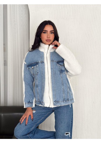 Kadın Mavi Kot Garnili Fermuarlı Beyaz Kuzu Peluş Mont