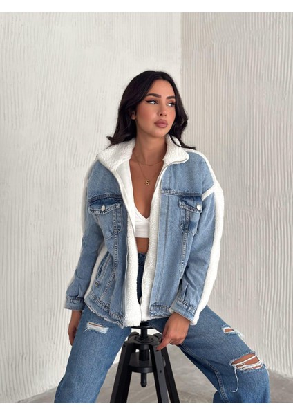 Kadın Mavi Kot Garnili Fermuarlı Beyaz Kuzu Peluş Mont