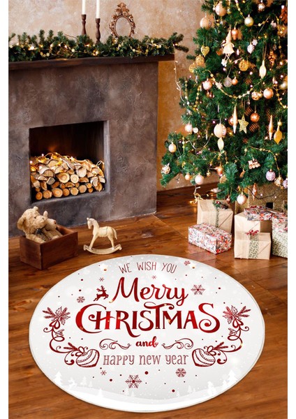 Yeni Yıl Temalı Merry Christmas Yazılı Dijital Baskılı Yıkanabilir Kaymaz Yuvarlak Halı