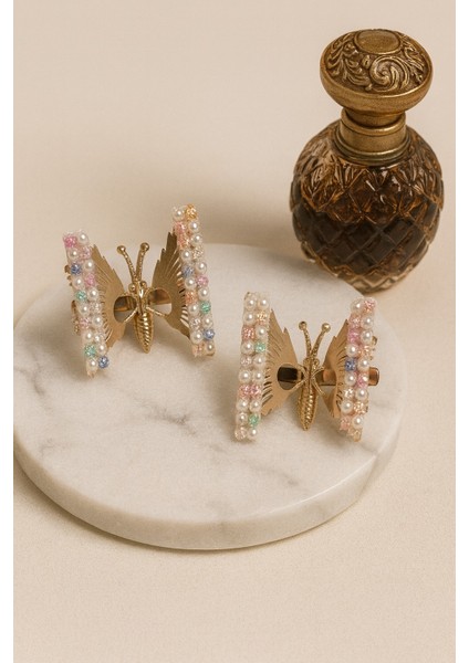 Renkli Inci ve Taş Işlemeli Oynar Kanatlı Kadın Pens Toka