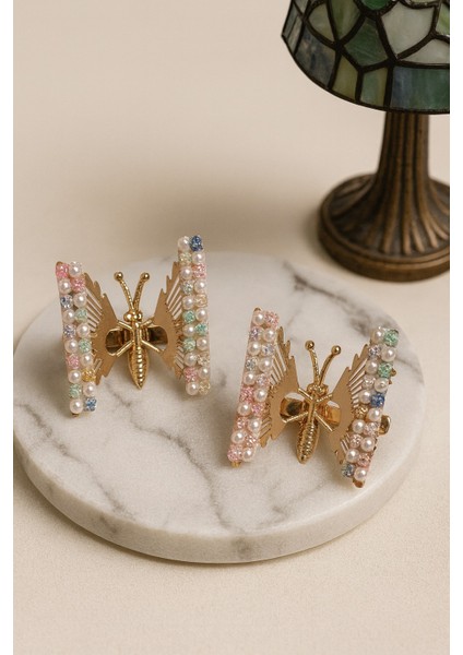 Renkli Inci ve Taş Işlemeli Oynar Kanatlı Kadın Pens Toka