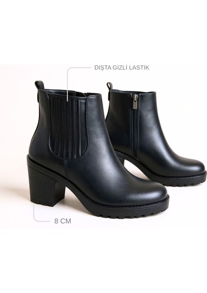 Siyah Hakiki Deri Lastik Detaylı Kadın Içten Fermuarlı Bot modelleri