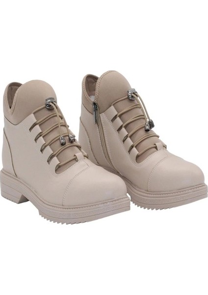 S110 Bej Cilt Bağcıklı Kadın Kışlık Bot