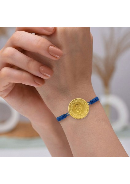 22 Ayar Yeni Tam Altın Mavi Renkli Ipli Bileklik