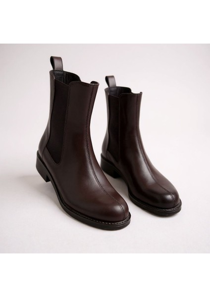 Kahve Deri Iki Yandan Lastikli Kadın Chelsea Bot