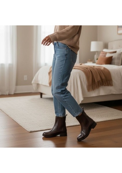 Kahve Deri Iki Yandan Lastikli Kadın Chelsea Bot modelleri