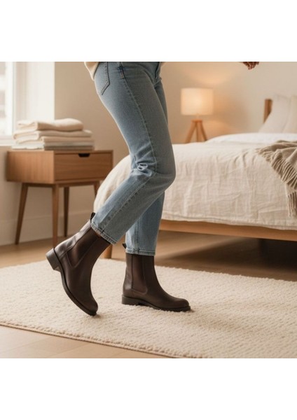 Kahve Deri Iki Yandan Lastikli Kadın Chelsea Bot