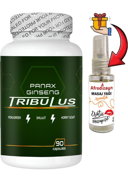 Panax 1 Kutu Panax Ginseng Tribuluslu Fenugreekli Shilajitli Hornygoatlı 90 Lı Erkeklere Özel Kapsüller + Afrodizayn Masaj Yağı 30 ml