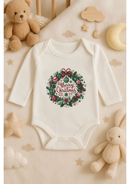 2026 Yeni Yıl Yılbaşı Noel Baskılı Pamuklu Uzun Kollu Çıtçıtlı Bebek Ekru Body Zıbın Atlet Tulum