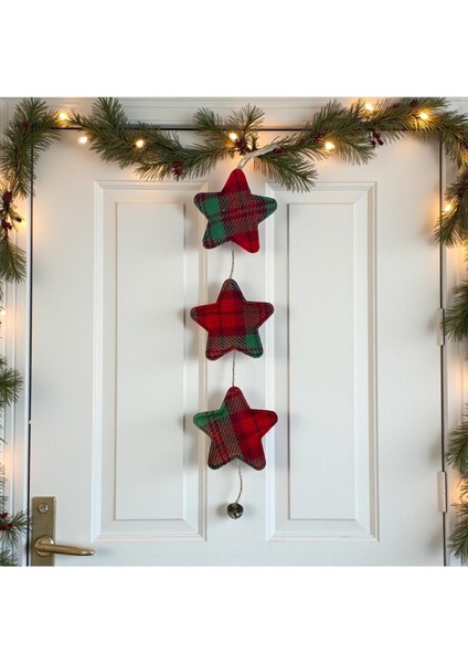 3'lü Yıldız Model Ekose Kumaş Dekoratif Yeni Yıl Süsü, El Yapımı, 47 cm Jüt Ipli