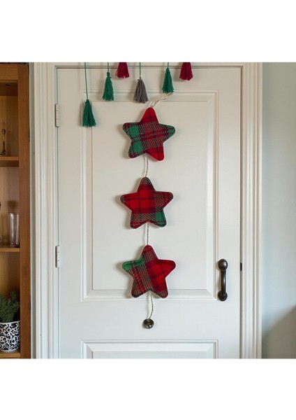 3'lü Yıldız Model Ekose Kumaş Dekoratif Yeni Yıl Süsü, El Yapımı, 47 cm Jüt Ipli fiyatları