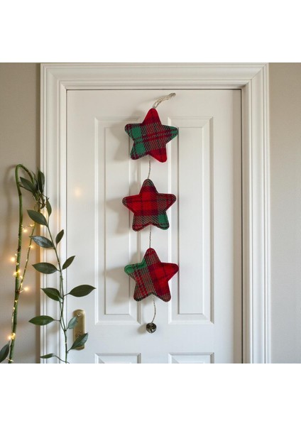 3'lü Yıldız Model Ekose Kumaş Dekoratif Yeni Yıl Süsü, El Yapımı, 47 cm Jüt Ipli modelleri