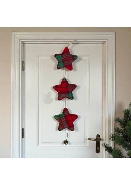 3'lü Yıldız Model Ekose Kumaş Dekoratif Yeni Yıl Süsü, El Yapımı, 47 cm Jüt Ipli fırsatları