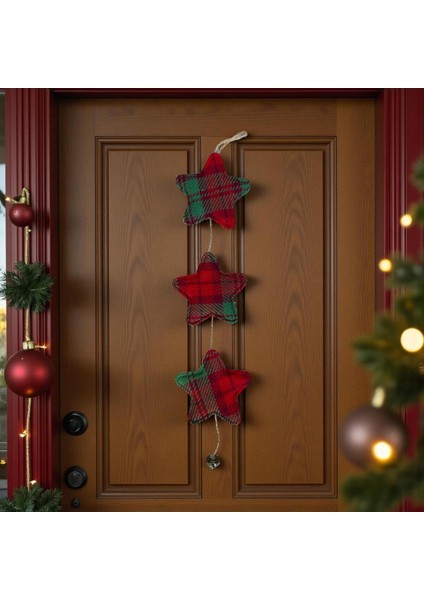 3'lü Yıldız Model Ekose Kumaş Dekoratif Yeni Yıl Süsü, El Yapımı, 47 cm Jüt Ipli indirimleri