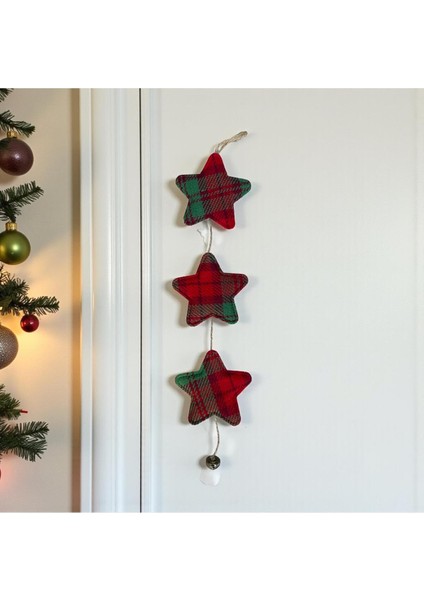 3'lü Yıldız Model Ekose Kumaş Dekoratif Yeni Yıl Süsü, El Yapımı, 47 cm Jüt Ipli