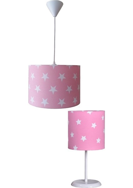 Pembe Yıldızlı 2.li Set M-808 Kumaş Kaplama Genç ve Çocuk Odası Avize ve Abajur Takımı