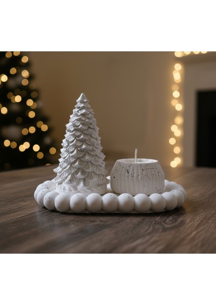 Özel Tasarım Tealight Mumluk ve Simli Çam Ağacı Seti , Şık Masa Dekorasyonu