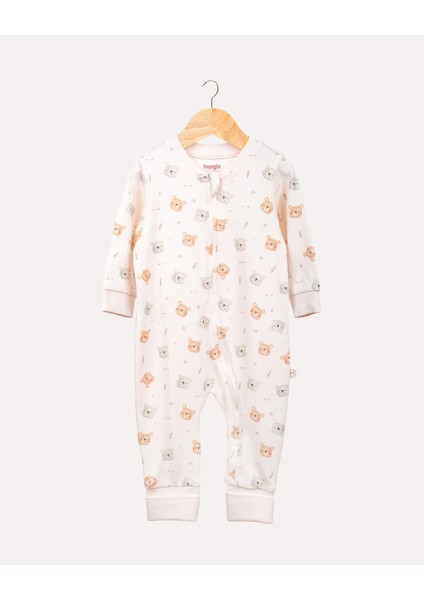 %100 Organik Pamuk Gots Sertifikalı Fermuarlı Teddy Bebek Tulum - Ekru/ayıcık Desenli