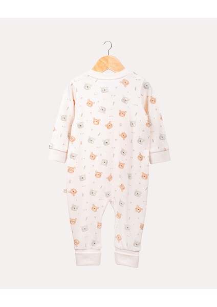%100 Organik Pamuk Gots Sertifikalı Fermuarlı Teddy Bebek Tulum - Ekru/ayıcık Desenli fiyatları