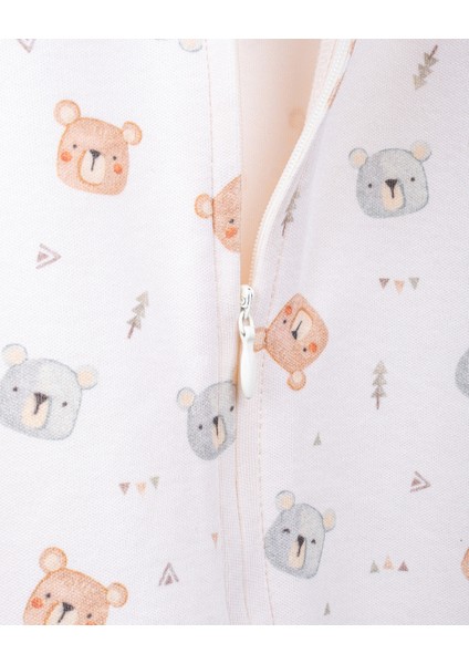 %100 Organik Pamuk Gots Sertifikalı Fermuarlı Teddy Bebek Tulum - Ekru/ayıcık Desenli