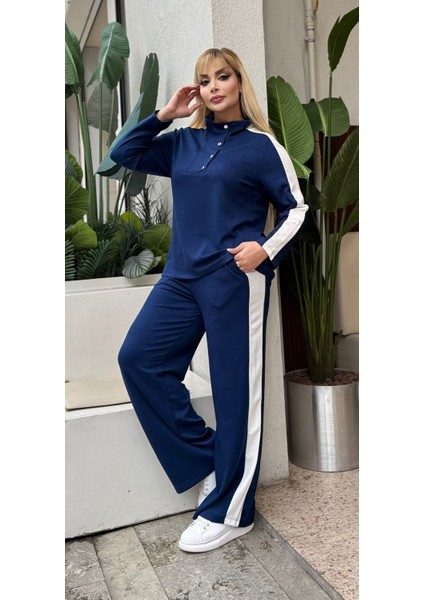 Kadın Büyük Beden Çıtçıtlı Devrik Yaka Beyaz Şeritli Likralı Takım