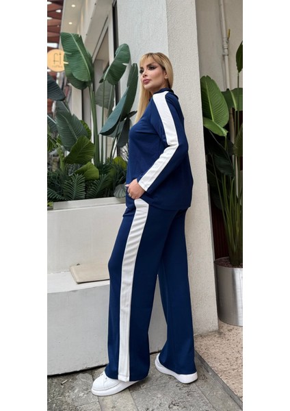 Kadın Büyük Beden Çıtçıtlı Devrik Yaka Beyaz Şeritli Likralı Takım fiyatları