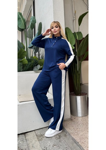 Kadın Büyük Beden Çıtçıtlı Devrik Yaka Beyaz Şeritli Likralı Takım fırsatları