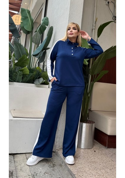 Kadın Büyük Beden Çıtçıtlı Devrik Yaka Beyaz Şeritli Likralı Takım indirimleri