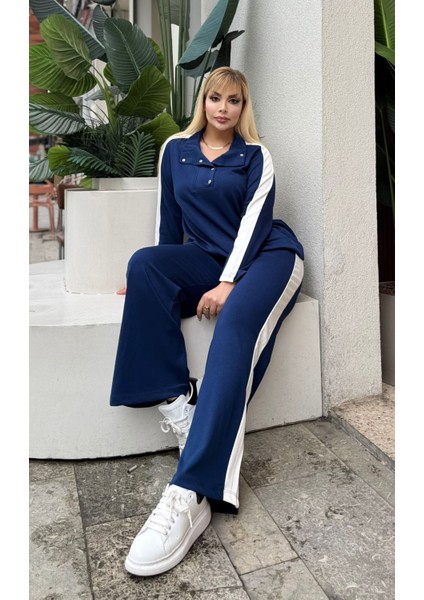 Kadın Büyük Beden Çıtçıtlı Devrik Yaka Beyaz Şeritli Likralı Takım