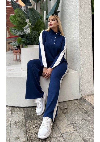 Kadın Büyük Beden Çıtçıtlı Devrik Yaka Beyaz Şeritli Likralı Takım