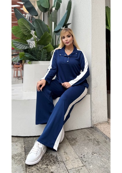 Kadın Büyük Beden Çıtçıtlı Devrik Yaka Beyaz Şeritli Likralı Takım