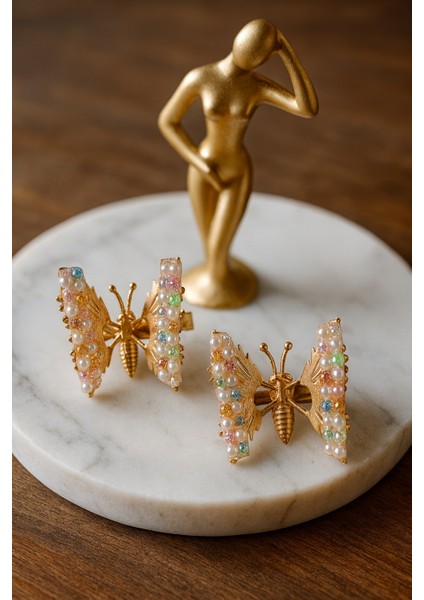 Renkli Inci ve Taş Işlemeli Oynar Kanatlı Kadın Pens Toka