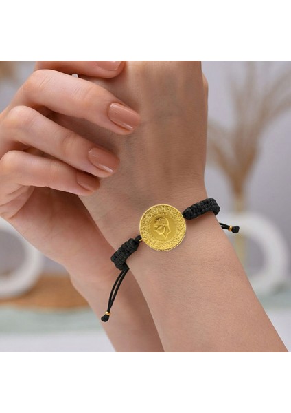 22 Ayar Yeni Tam Altın Siyah Renkli Ipli Bileklik