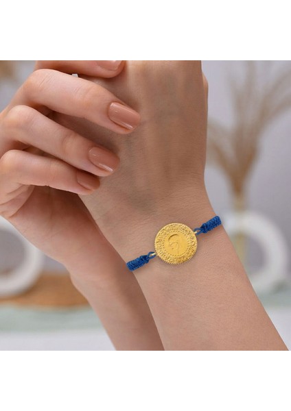 22 Ayar Yeni Yarım Altın Mavi Renkli Ipli Bileklik