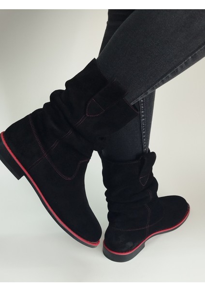 Kadın Hakiki Deri Siyah Süet Dikiş ve Taban Detaylı Körüklü Bot modelleri