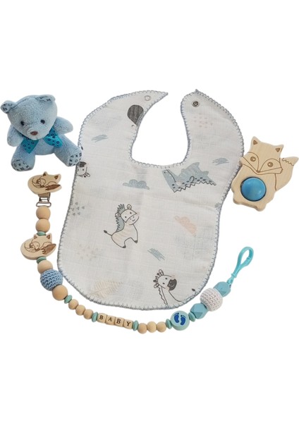 Yenidoğan Erkek Bebek Isimli Emzik Askısı ve Müslin Önlük Hediye Seti modelleri