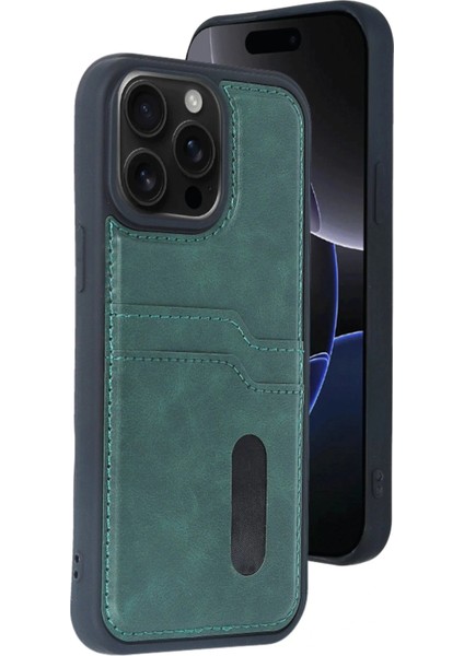 iPhone 15 Pro Max Kılıf Sara Kartvizitli Deri Kılıf - Koyu Yeşil