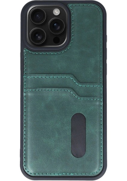 iPhone 15 Pro Max Kılıf Sara Kartvizitli Deri Kılıf - Koyu Yeşil fiyatları
