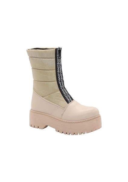 MF952 Bej Siyah Kışlık Fermuarlı Kadın Kar Botu
