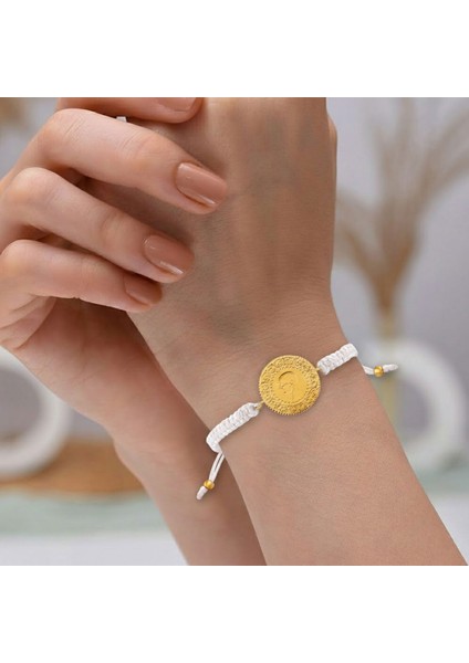 22 Ayar Yeni Yarım Altın Beyaz Renkli Ipli Bileklik